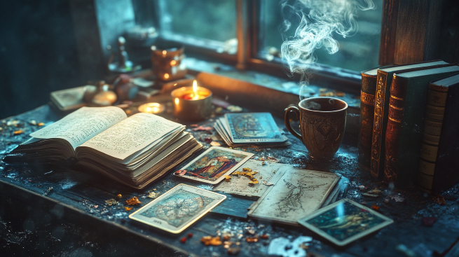 A cluttered but magical altar scene with candles, crystals, and a journal—symbolizing authentic, lived-in spiritual practice.